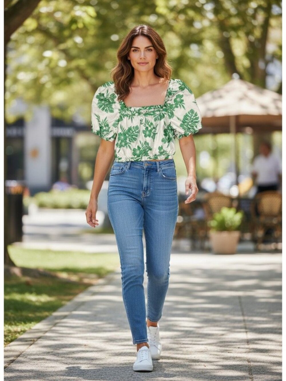 American Eagle Womens M Green White Floral Puff Sleeve Crop Top 100% Cotton